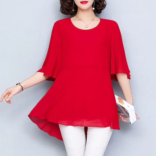 2024 Summer Mid-length Chiffon Blouse up to 6XL Obesity Women Short Sleeve Beautiful Self-cultivati Shirt Blouse Show Thin